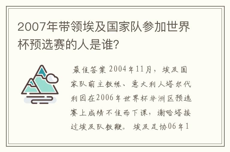 2007年带领埃及国家队参加世界杯预选赛的人是谁?