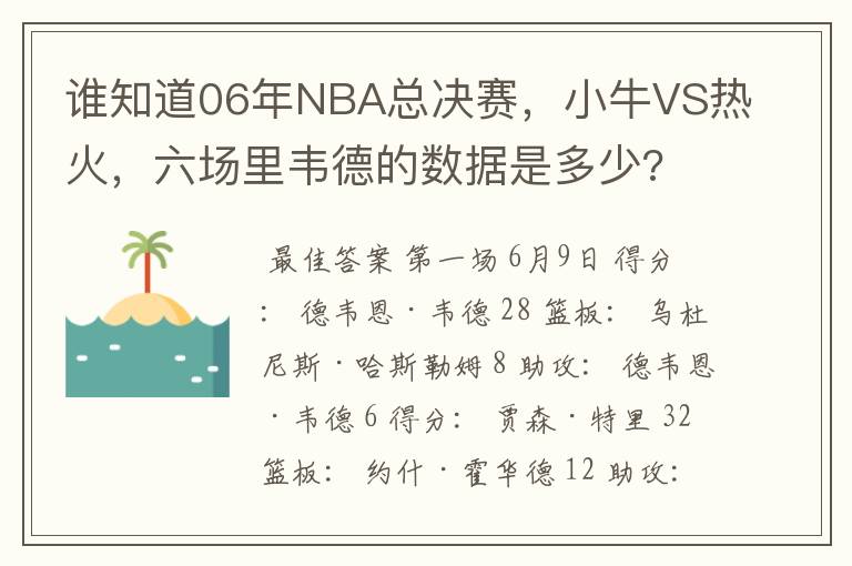 谁知道06年NBA总决赛,小牛VS热火,六场里韦德的数据是多少?