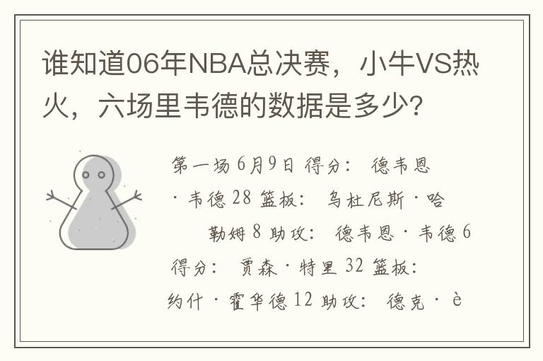 谁知道06年NBA总决赛,小牛VS热火,六场里韦德的数据是多少?