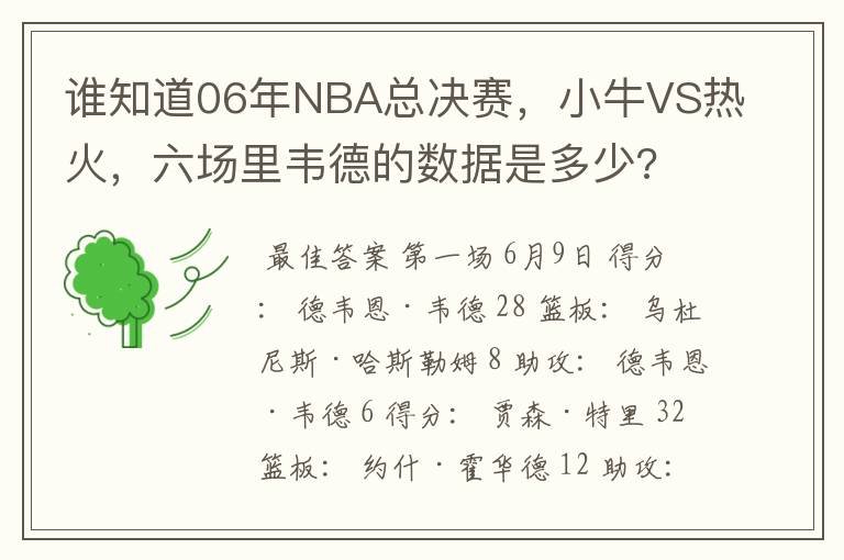 谁知道06年NBA总决赛,小牛VS热火,六场里韦德的数据是多少?