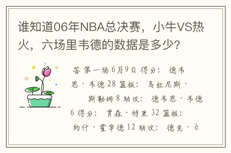 谁知道06年NBA总决赛,小牛VS热火,六场里韦德的数据是多少?