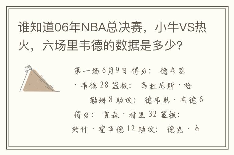 谁知道06年NBA总决赛,小牛VS热火,六场里韦德的数据是多少?