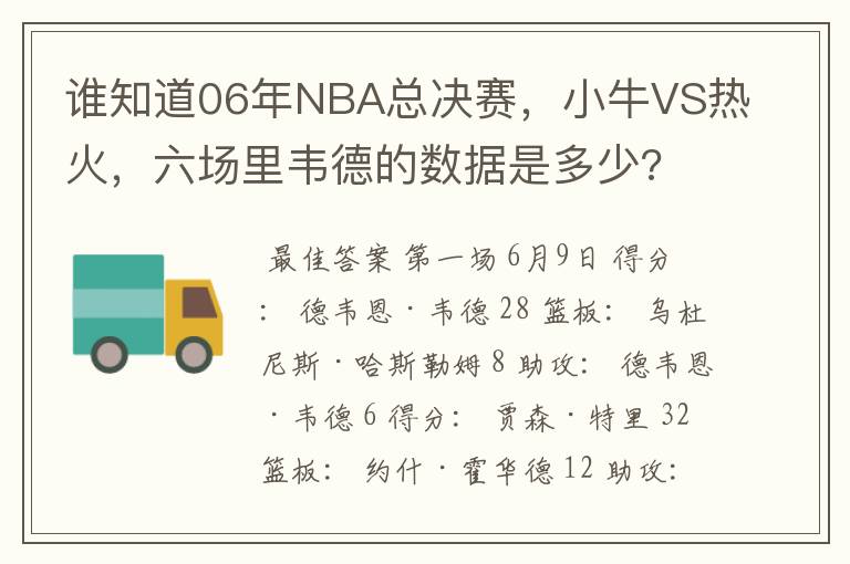 谁知道06年NBA总决赛,小牛VS热火,六场里韦德的数据是多少?