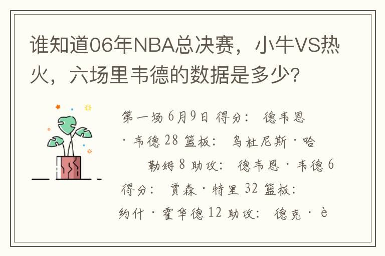 谁知道06年NBA总决赛,小牛VS热火,六场里韦德的数据是多少?
