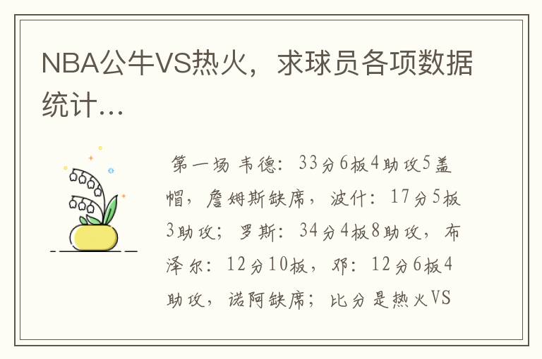 NBA公牛VS热火，求球员各项数据统计…