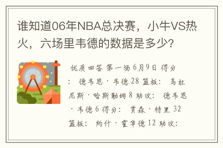 谁知道06年NBA总决赛,小牛VS热火,六场里韦德的数据是多少?