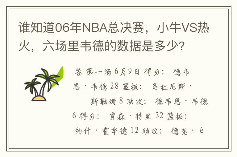 谁知道06年NBA总决赛,小牛VS热火,六场里韦德的数据是多少?