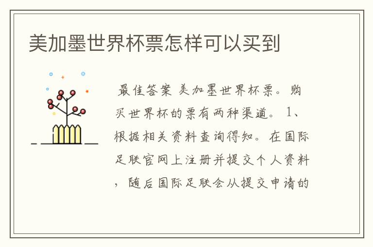 美加墨世界杯票怎样可以买到