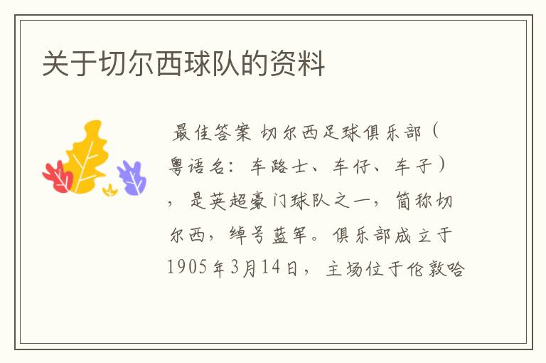 关于切尔西球队的资料