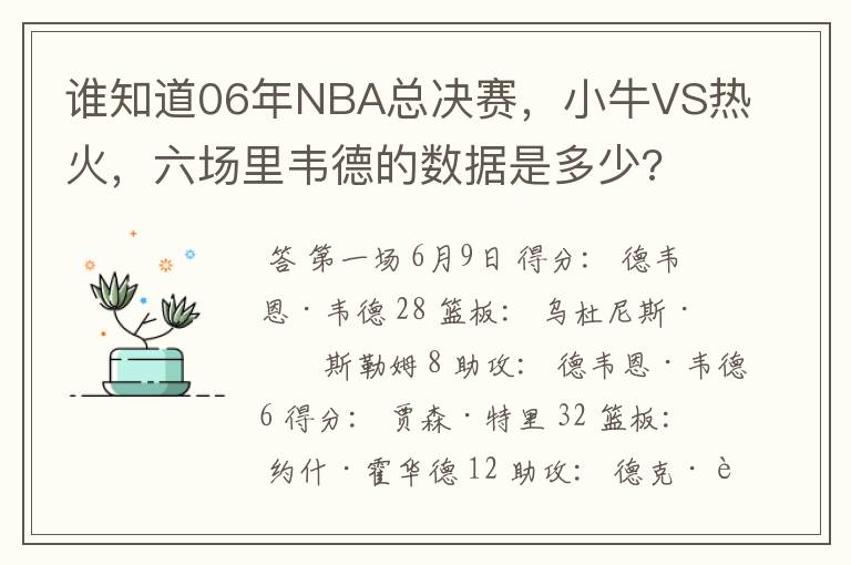 谁知道06年NBA总决赛,小牛VS热火,六场里韦德的数据是多少?