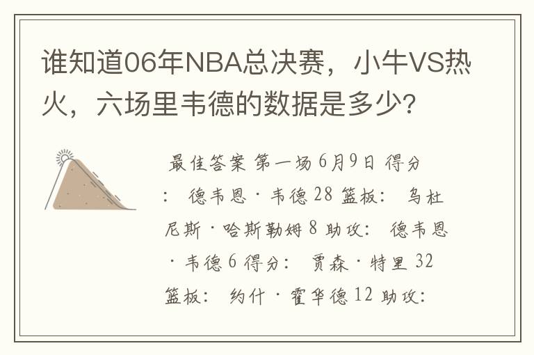 谁知道06年NBA总决赛,小牛VS热火,六场里韦德的数据是多少?