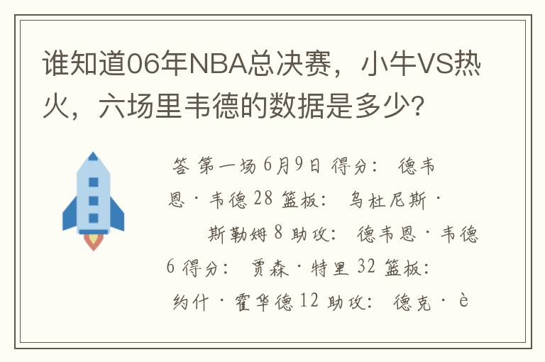 谁知道06年NBA总决赛,小牛VS热火,六场里韦德的数据是多少?