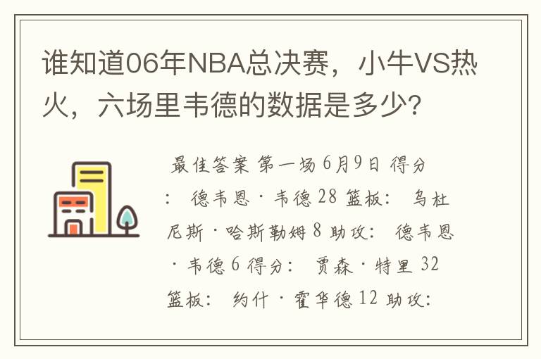 谁知道06年NBA总决赛,小牛VS热火,六场里韦德的数据是多少?