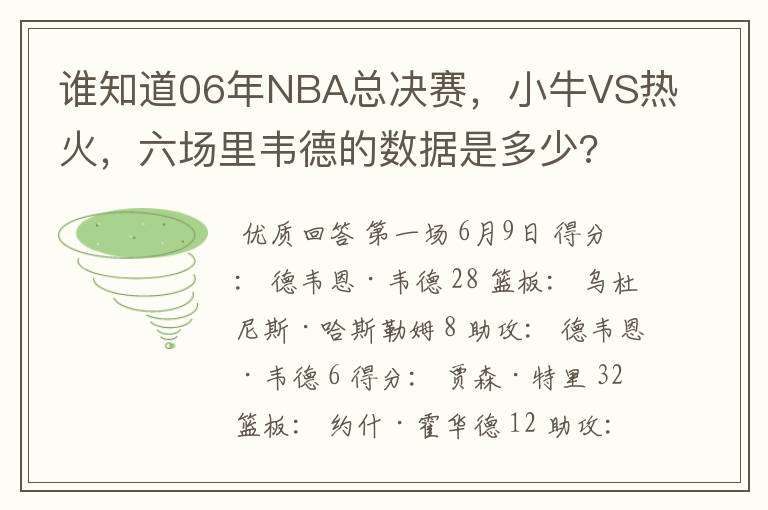 谁知道06年NBA总决赛,小牛VS热火,六场里韦德的数据是多少?
