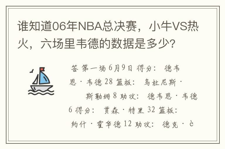 谁知道06年NBA总决赛,小牛VS热火,六场里韦德的数据是多少?