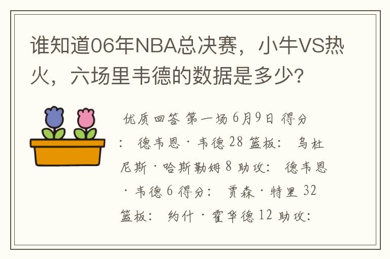 谁知道06年NBA总决赛，小牛VS热火，六场里韦德的数据是多少?