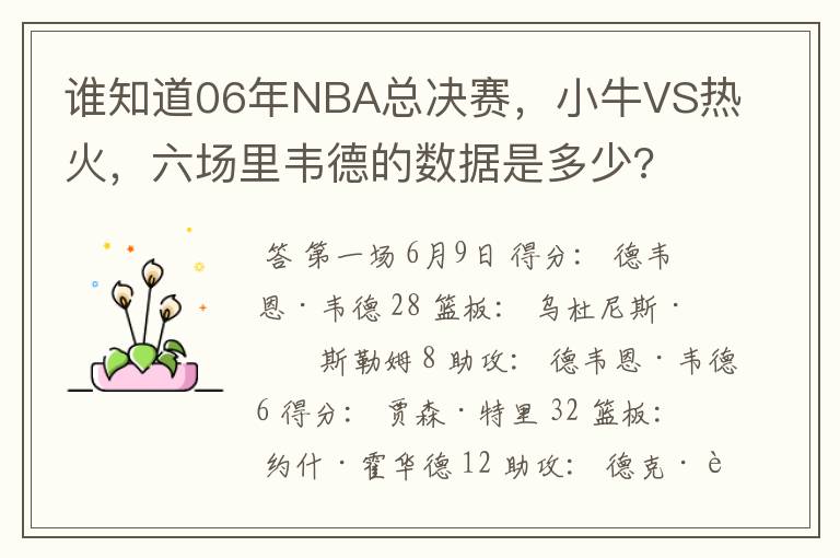 谁知道06年NBA总决赛,小牛VS热火,六场里韦德的数据是多少?