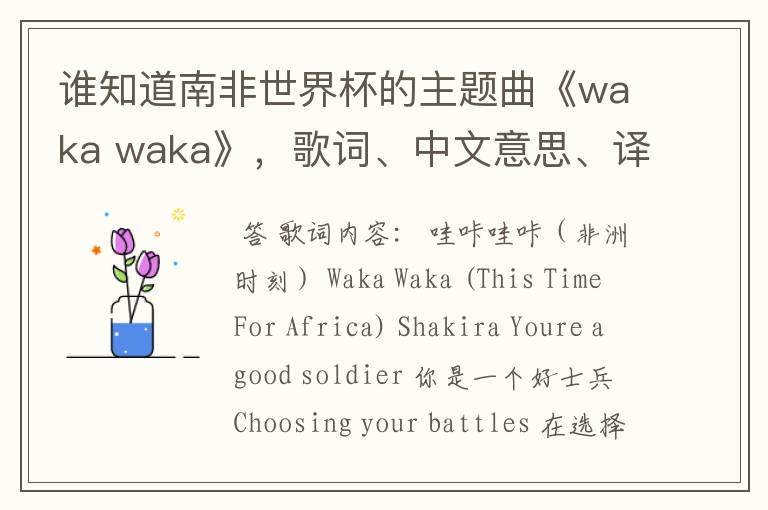 谁知道南非世界杯的主题曲《waka waka》,歌词、中文意思、译音@!#¥%……&