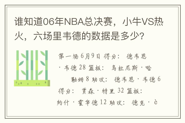 谁知道06年NBA总决赛,小牛VS热火,六场里韦德的数据是多少?