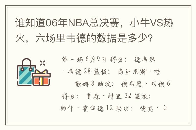 谁知道06年NBA总决赛,小牛VS热火,六场里韦德的数据是多少?