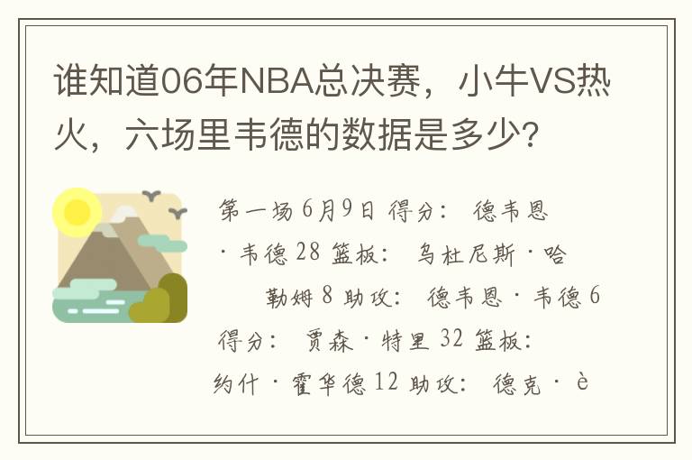 谁知道06年NBA总决赛,小牛VS热火,六场里韦德的数据是多少?
