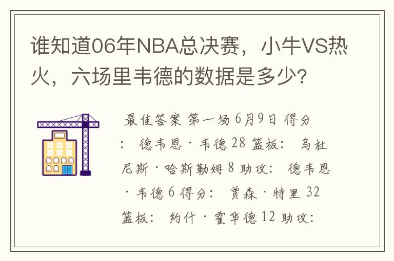 谁知道06年NBA总决赛,小牛VS热火,六场里韦德的数据是多少?