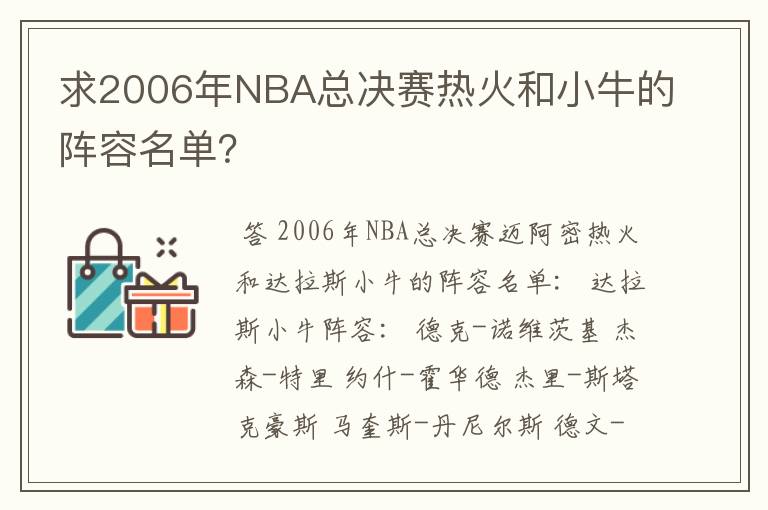 求2006年NBA总决赛热火和小牛的阵容名单?
