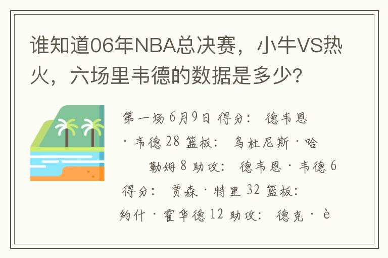 谁知道06年NBA总决赛,小牛VS热火,六场里韦德的数据是多少?