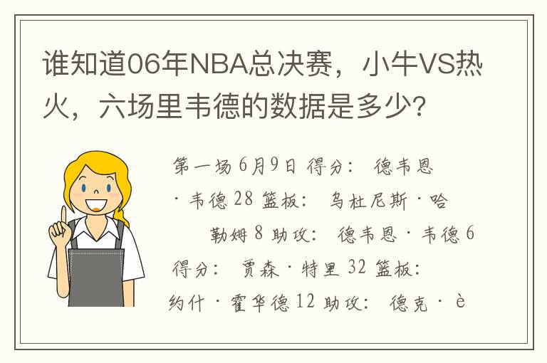 谁知道06年NBA总决赛,小牛VS热火,六场里韦德的数据是多少?