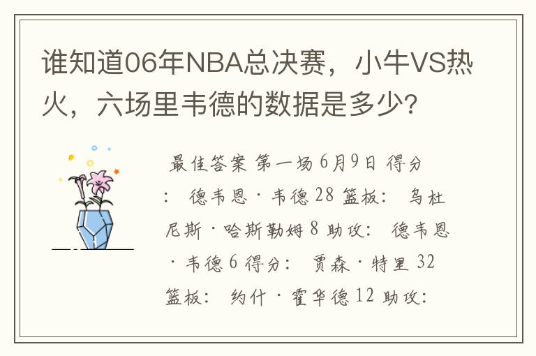 谁知道06年NBA总决赛,小牛VS热火,六场里韦德的数据是多少?
