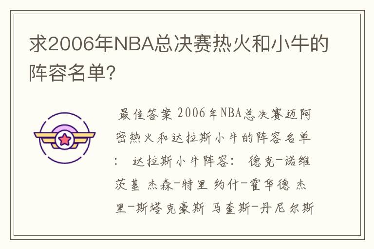 求2006年NBA总决赛热火和小牛的阵容名单?
