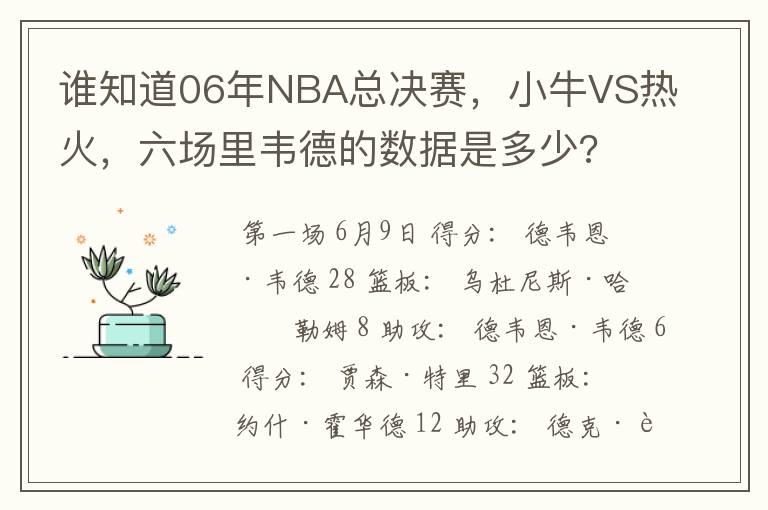 谁知道06年NBA总决赛,小牛VS热火,六场里韦德的数据是多少?