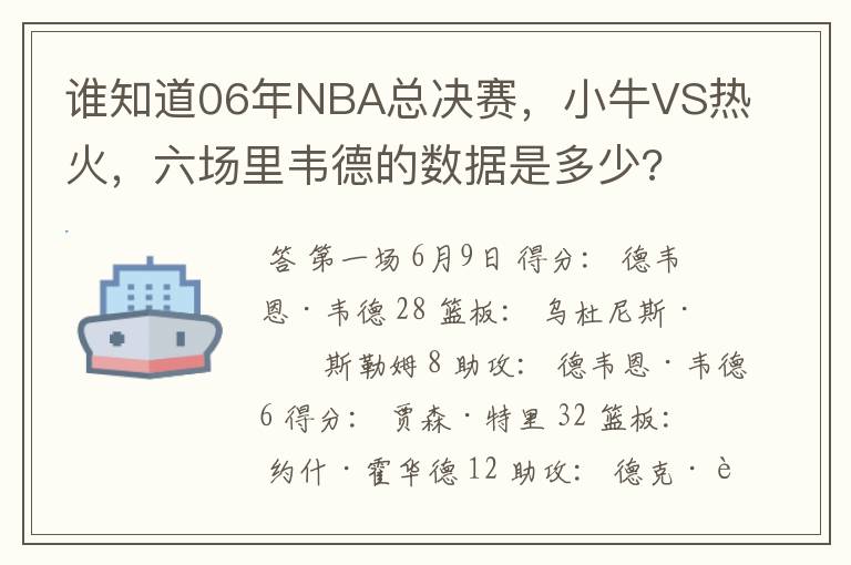 谁知道06年NBA总决赛,小牛VS热火,六场里韦德的数据是多少?