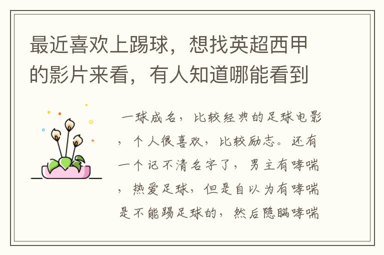 最近喜欢上踢球,想找英超西甲的影片来看,有人知道哪能看到吗