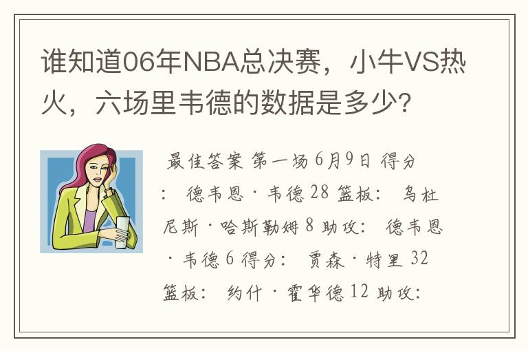谁知道06年NBA总决赛,小牛VS热火,六场里韦德的数据是多少?