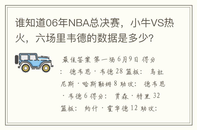 谁知道06年NBA总决赛,小牛VS热火,六场里韦德的数据是多少?