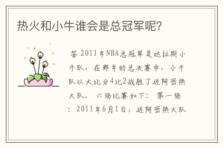 热火和小牛谁会是总冠军呢?