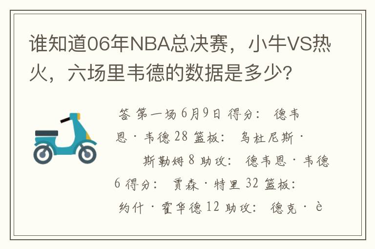 谁知道06年NBA总决赛,小牛VS热火,六场里韦德的数据是多少?