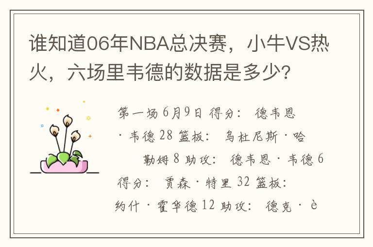 谁知道06年NBA总决赛,小牛VS热火,六场里韦德的数据是多少?
