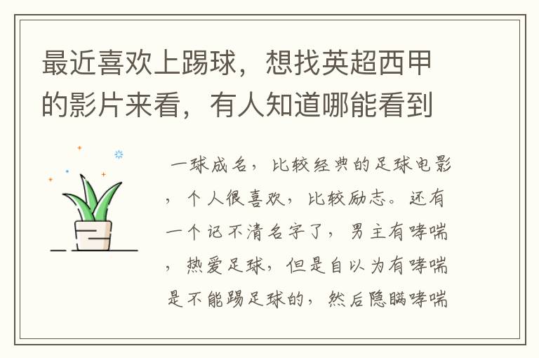 最近喜欢上踢球,想找英超西甲的影片来看,有人知道哪能看到吗