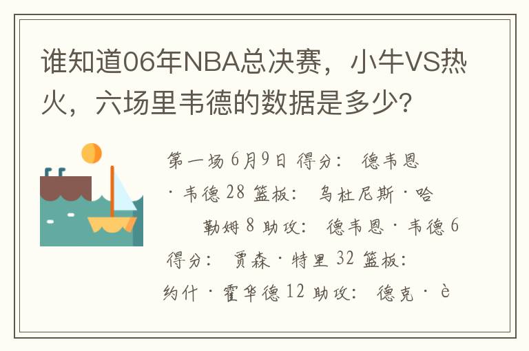 谁知道06年NBA总决赛,小牛VS热火,六场里韦德的数据是多少?