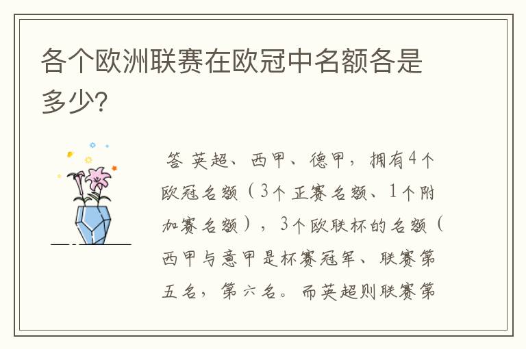 各个欧洲联赛在欧冠中名额各是多少?