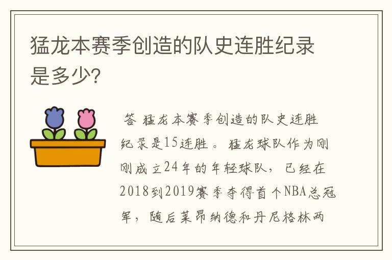 猛龙本赛季创造的队史连胜纪录是多少?