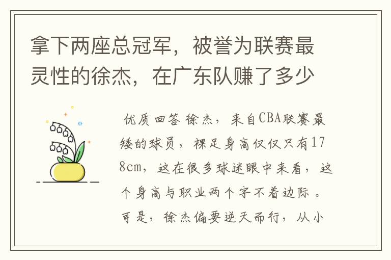 拿下两座总冠军,被誉为联赛最灵性的徐杰,在广东队赚了多少钱?