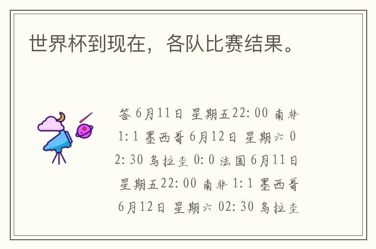 世界杯到现在,各队比赛结果。