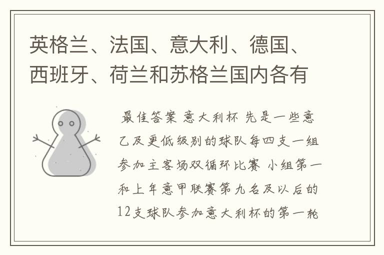 英格兰、法国、意大利、德国、西班牙、荷兰和苏格兰国内各有什么杯赛?