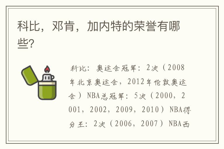 科比,邓肯,加内特的荣誉有哪些?