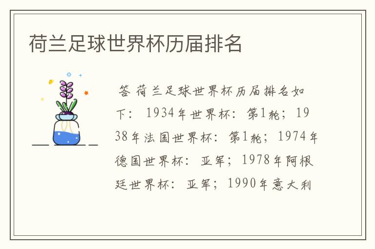 荷兰足球世界杯历届排名