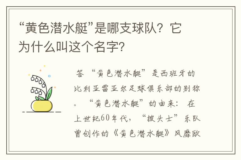 “黄色潜水艇”是哪支球队?它为什么叫这个名字?