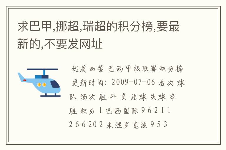 求巴甲,挪超,瑞超的积分榜,要最新的,不要发网址